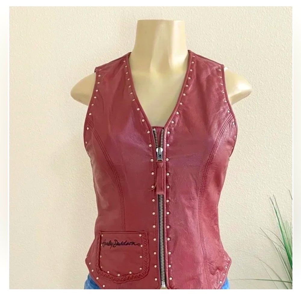 HARLEY-DAVIDSON | Red Genuine Leather Moto Studded Zip Up Women’s Vest Sz Large - Picture 9 of 15